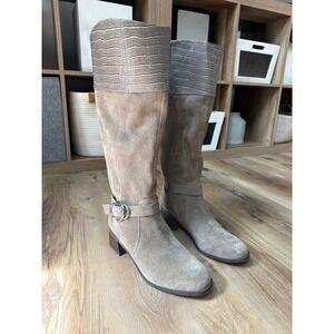 Marc Fisher Hailin Wide Calf Tall Boots Size 7.5 Taupe Suede Crocodile Embossed